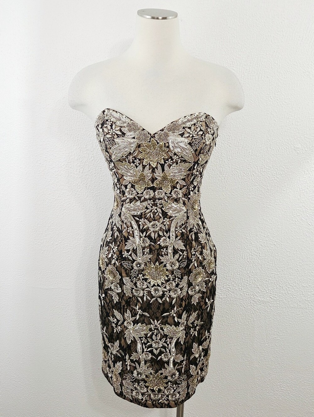 Sue Wong Nocturne beaded floral embroidered strapless mini dress gold women's 6